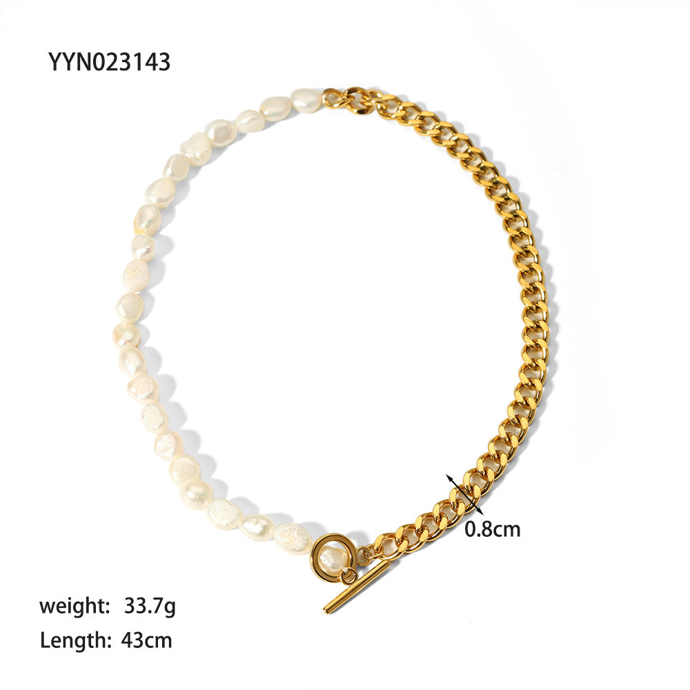 Luxurious Romantic Color Block Stainless Steel Freshwater Pearl Beaded Plating 18k Gold Plated Necklace