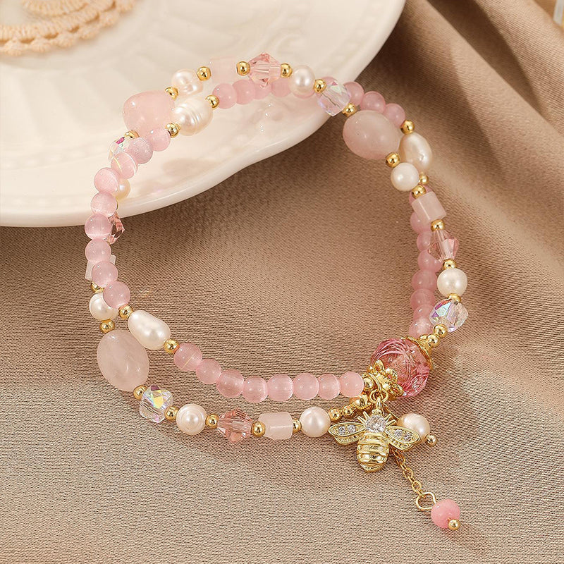 Sweet Simple Style Flower Bee Zircon Freshwater Pearl Pink Crystal Copper Wholesale Bracelets