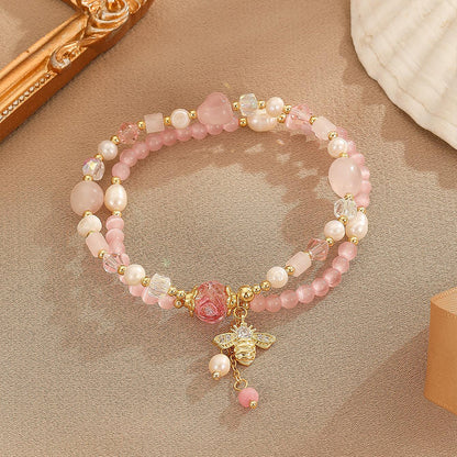 Sweet Simple Style Flower Bee Zircon Freshwater Pearl Pink Crystal Copper Wholesale Bracelets