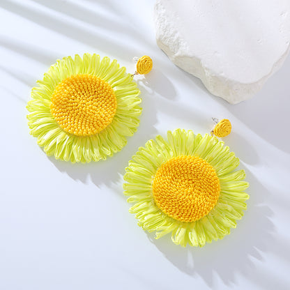 1 Pair Elegant Queen Sunflower Braid Raffia Drop Earrings