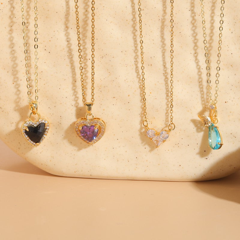 Elegant Princess Heart Shape Butterfly Brass 14k Gold Plated Zircon Pendant Necklace In Bulk