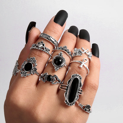 Fashion Black Gemstone Elephant Lotus Crown Cross 11 Piece Set Alloy Ring