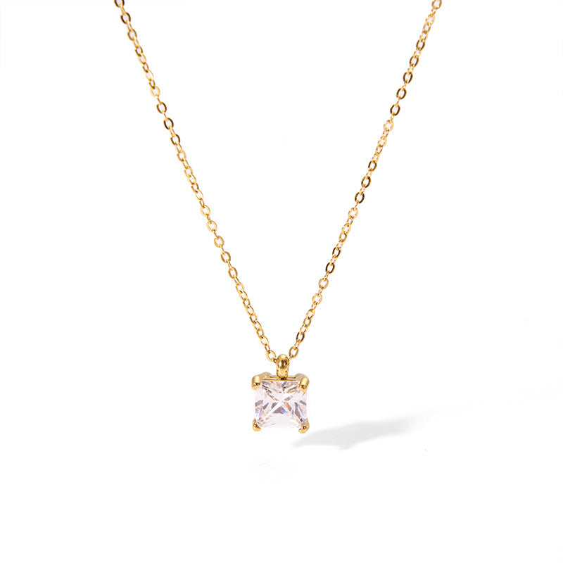 Preppy Style Square Stainless Steel Plating Inlay Zircon 18k Gold Plated Pendant Necklace