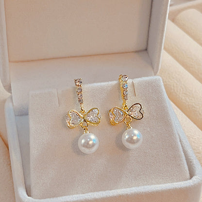 1 Pair Lady Flower Bow Knot Inlay Alloy Artificial Diamond Earrings