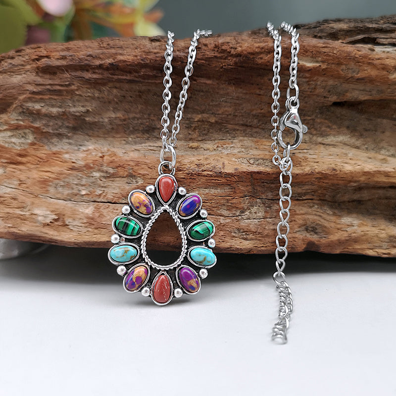 Vintage Style Bohemian Oval Stainless Steel Alloy Plating Inlay Turquoise Silver Plated Pendant Necklace