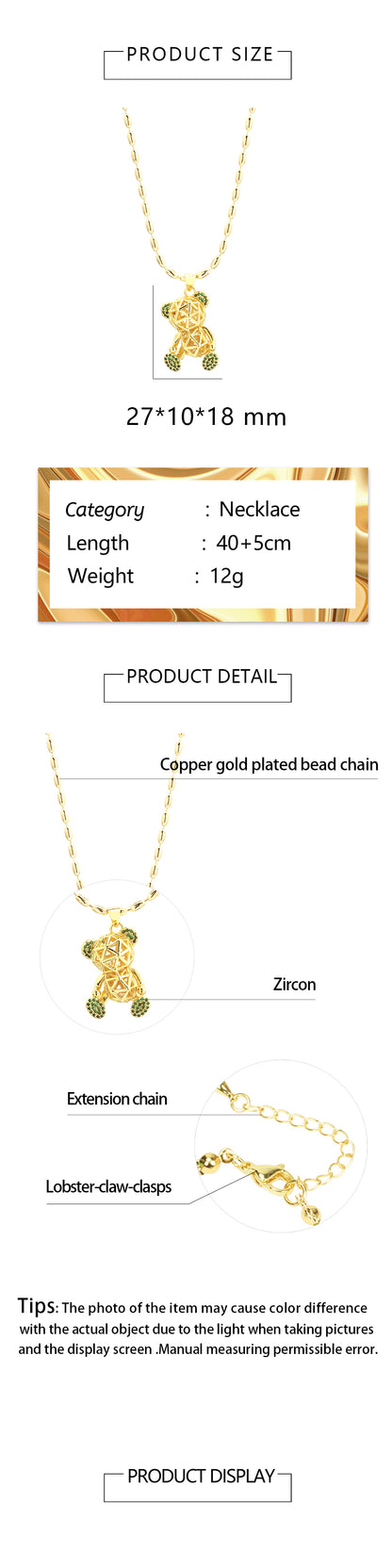 Simple Style Streetwear Little Bear Copper 18k Gold Plated Zircon Pendant Necklace In Bulk