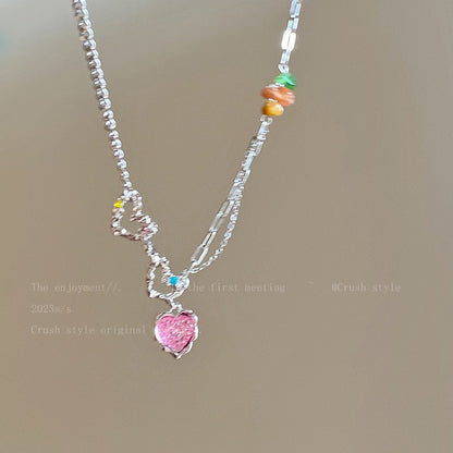 Novelty Sweet Round Heart Shape Flower Beaded Alloy Soft Clay Inlay Zircon Women's Pendant Necklace