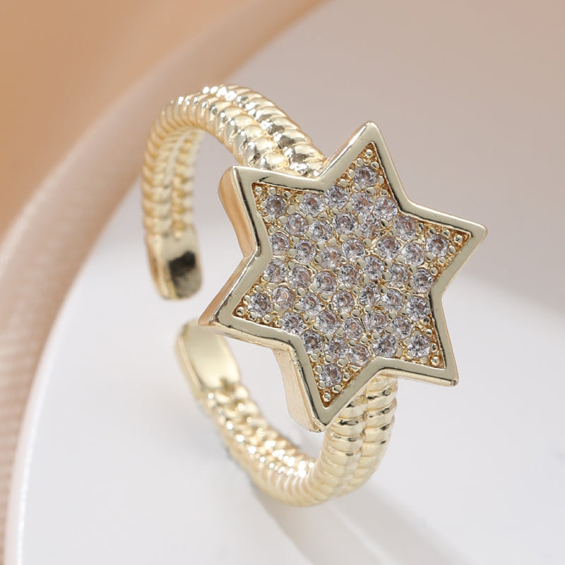 Casual Korean Style Star Copper Inlay Zircon Open Rings