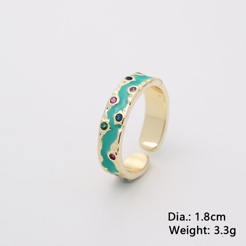 Elegant Streetwear Geometric Copper Enamel Inlay Rhinestones Open Rings