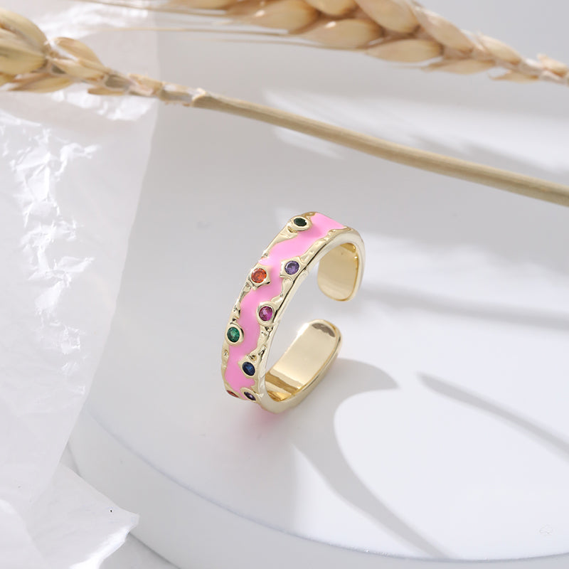 Elegant Streetwear Geometric Copper Enamel Inlay Rhinestones Open Rings