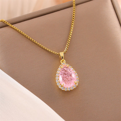 Sweet Round Oval Heart Shape Stainless Steel Plating Inlay Artificial Diamond 18k Gold Plated Pendant Necklace