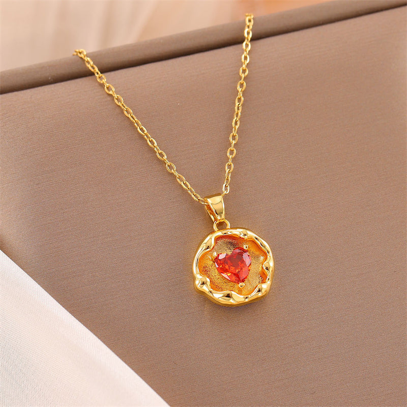 Sweet Round Oval Heart Shape Stainless Steel Plating Inlay Artificial Diamond 18k Gold Plated Pendant Necklace