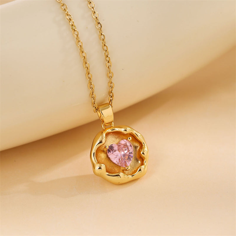 Sweet Round Oval Heart Shape Stainless Steel Plating Inlay Artificial Diamond 18k Gold Plated Pendant Necklace