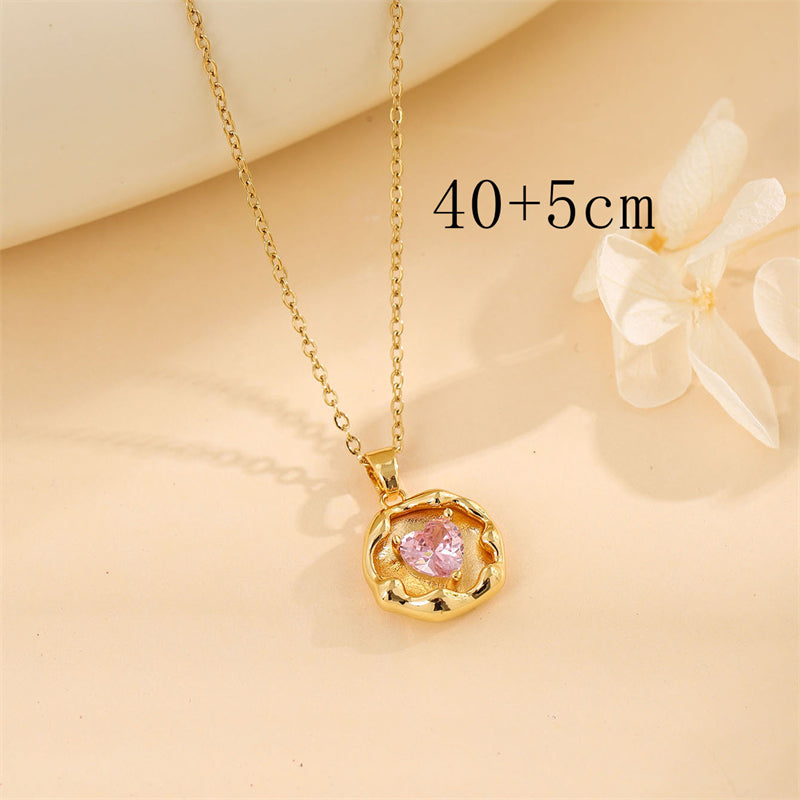 Sweet Round Oval Heart Shape Stainless Steel Plating Inlay Artificial Diamond 18k Gold Plated Pendant Necklace