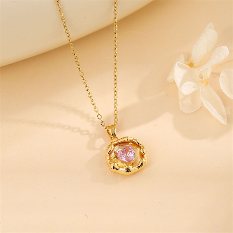 Sweet Round Oval Heart Shape Stainless Steel Plating Inlay Artificial Diamond 18k Gold Plated Pendant Necklace