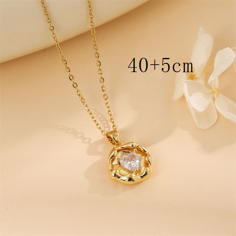 Sweet Round Oval Heart Shape Stainless Steel Plating Inlay Artificial Diamond 18k Gold Plated Pendant Necklace