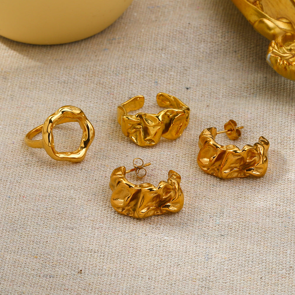 Wholesale Vintage Style Solid Color Folds Stainless Steel Polishing Plating 18k Gold Plated Rings Earrings