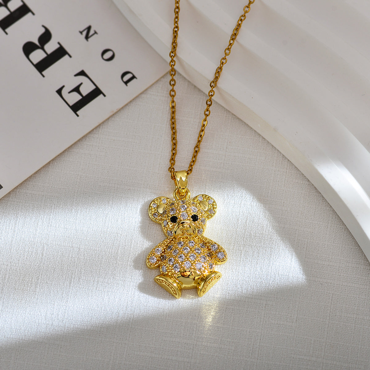 Cute Sweet Bear Titanium Steel Copper Bear Inlay Zircon Pendant Necklace