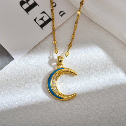 Elegant Luxurious Moon Titanium Steel Copper Enamel Plating Inlay Zircon 18k Gold Plated Pendant Necklace