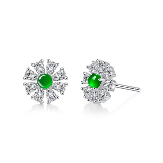 1 Pair Lady Flower Plating Inlay Sterling Silver Jade Ear Studs