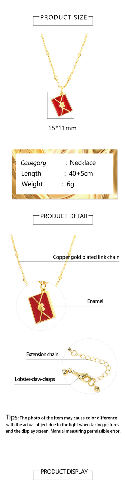 Simple Style Commute Envelope Copper 18k Gold Plated Pendant Necklace In Bulk