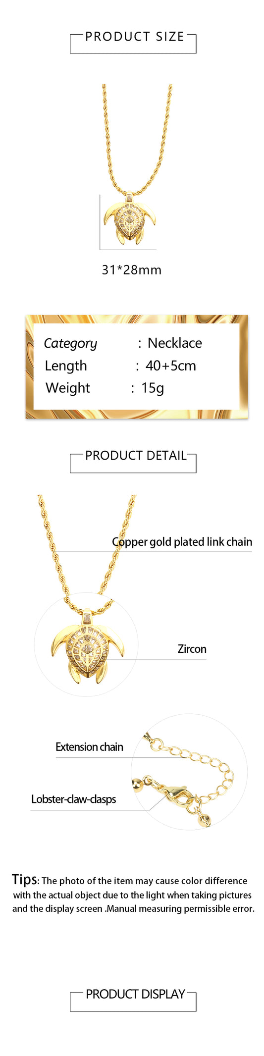 Simple Style Tortoise Copper 18k Gold Plated Zircon Pendant Necklace In Bulk