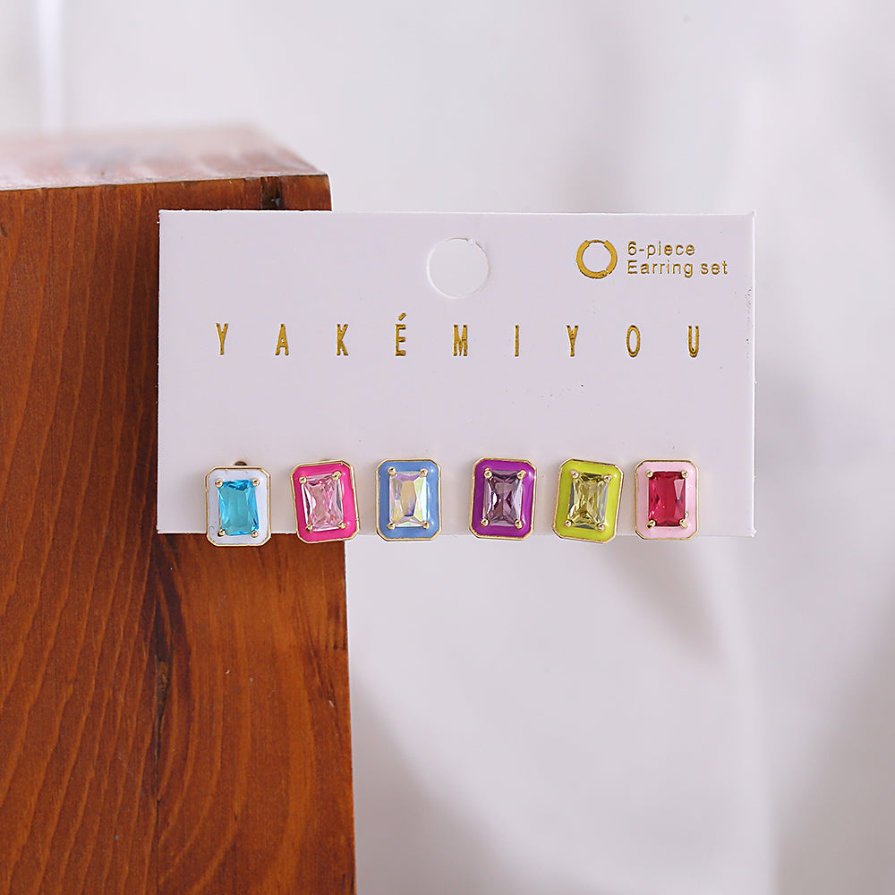 1 Set Yakemiyou Casual Rectangle Asymmetrical Enamel Copper Zircon 14k Gold Plated Ear Studs