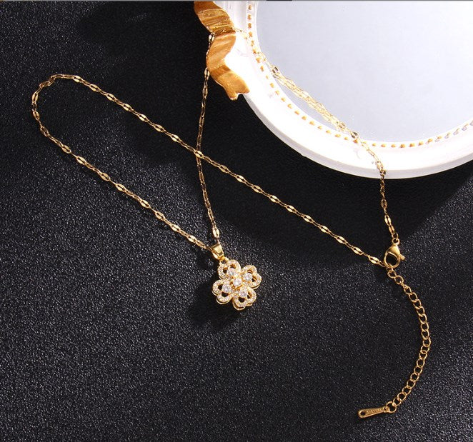 Simple Style Leaf Titanium Steel Inlay Zircon Pendant Necklace