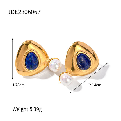 1 Pair Casual Elegant Triangle Plating Inlay Stainless Steel Artificial Pearls Lapis Lazuli 18k Gold Plated Ear Studs