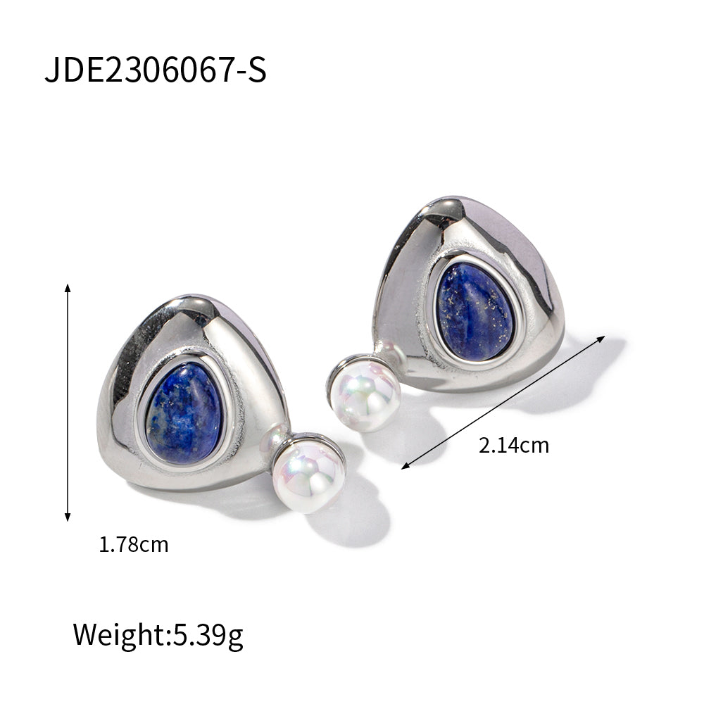 1 Pair Casual Elegant Triangle Plating Inlay Stainless Steel Artificial Pearls Lapis Lazuli 18k Gold Plated Ear Studs