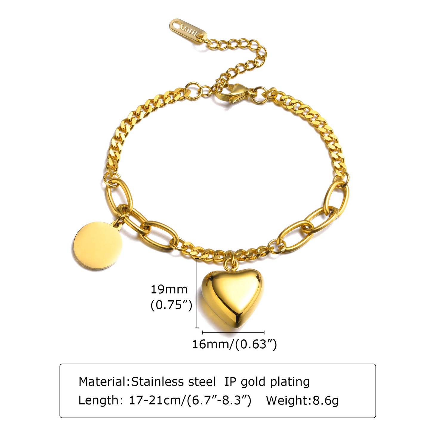 Elegant Lady Simple Style Heart Shape Stainless Steel Polishing Plating 18k Gold Plated Bracelets