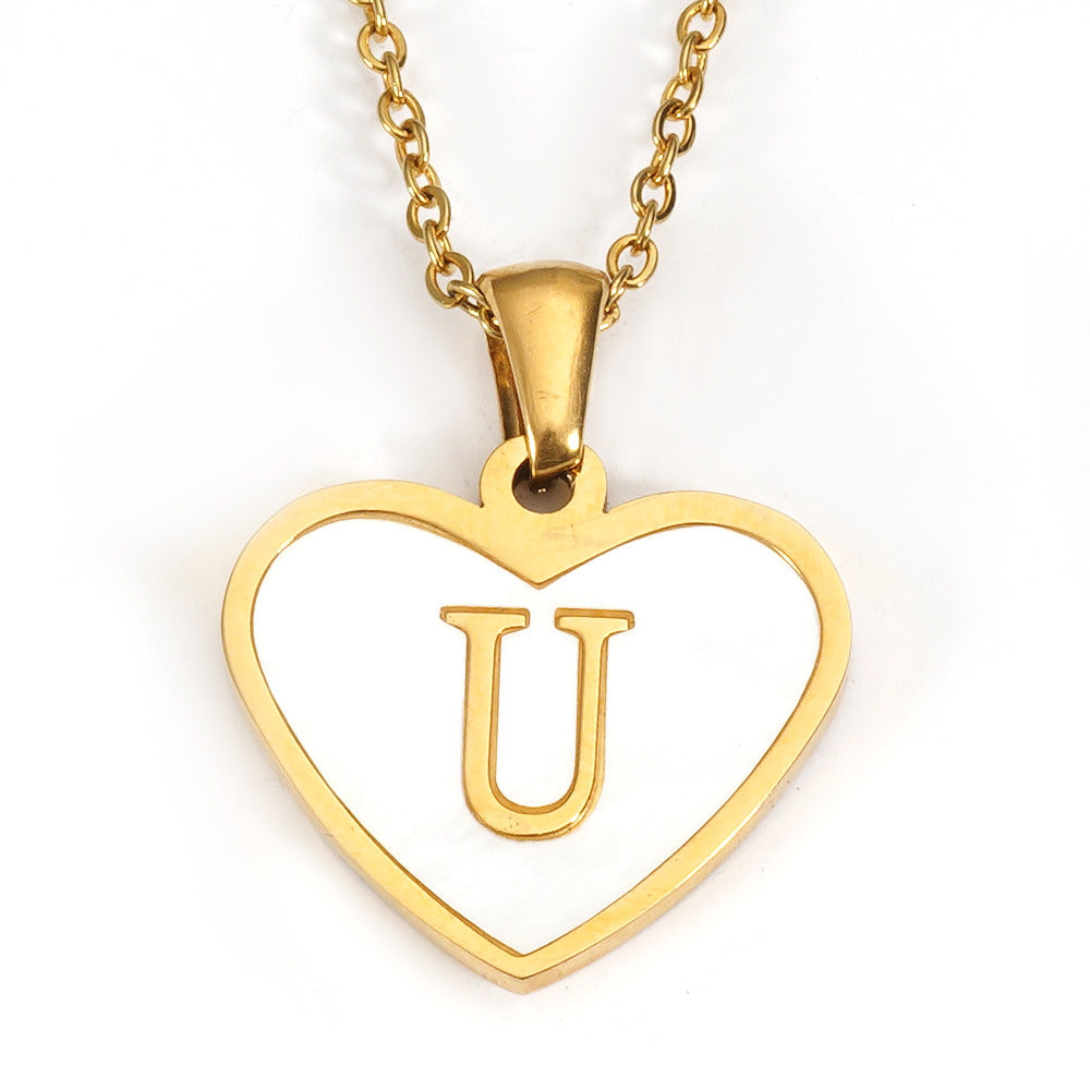 Ig Style Letter Heart Shape Stainless Steel Plating Inlay Shell 18k Gold Plated Pendant Necklace