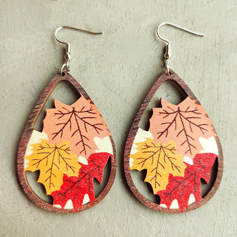 1 Pair Classic Style Pumpkin Printing Wood Drop Earrings