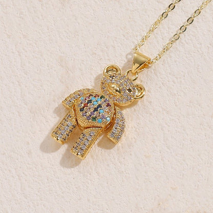 Casual Cute Streetwear Little Bear Brass 14k Gold Plated White Gold Plated Zircon Pendant Necklace In Bulk