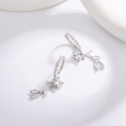 1 Pair Simple Style Leaves Inlay Sterling Silver Zircon Drop Earrings