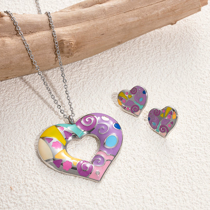 Artistic Streetwear Color Block Heart Shape Stainless Steel Enamel Gold Plated Earrings Necklace