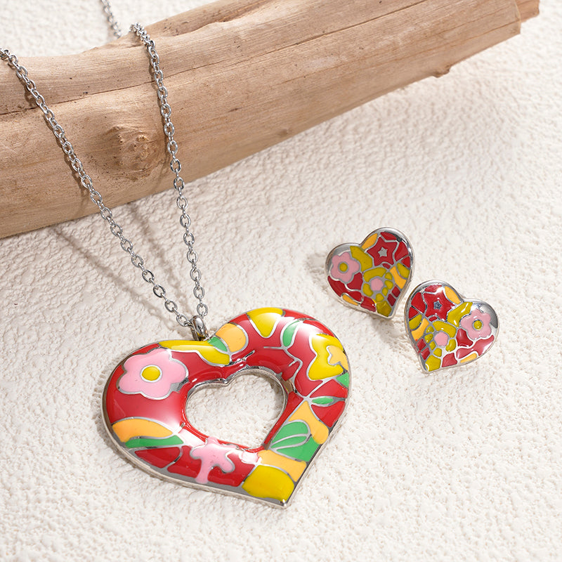 Artistic Streetwear Color Block Heart Shape Stainless Steel Enamel Gold Plated Earrings Necklace