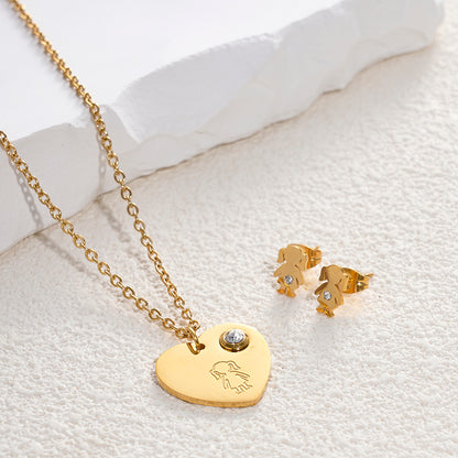 Cute Simple Style Human Heart Shape Stainless Steel Gem Plating Inlay Zircon 14k Gold Plated Earrings Necklace