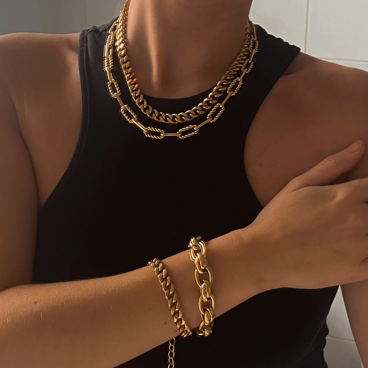 Wholesale Hip-hop Basic Classic Style Solid Color Stainless Steel Buckle Chain 18k Gold Plated Bracelets Necklace
