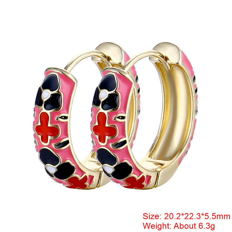 1 Pair Sweet Flower Enamel Plating Copper 18k Gold Plated Hoop Earrings