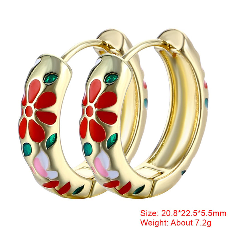 1 Pair Sweet Flower Enamel Plating Copper 18k Gold Plated Hoop Earrings