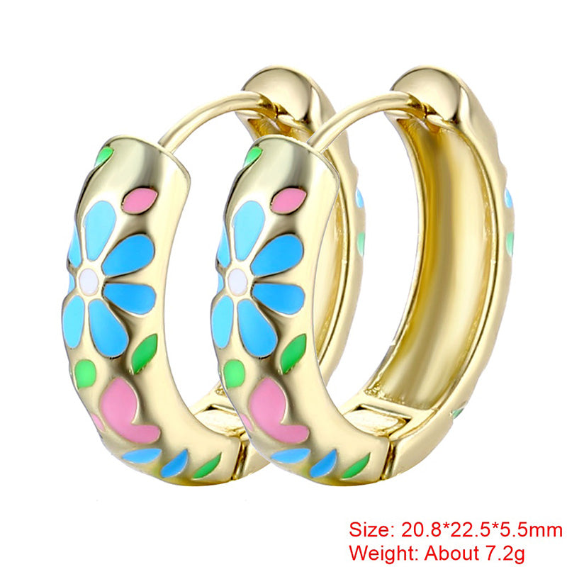 1 Pair Sweet Flower Enamel Plating Copper 18k Gold Plated Hoop Earrings