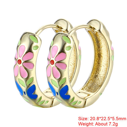 1 Pair Sweet Flower Enamel Plating Copper 18k Gold Plated Hoop Earrings