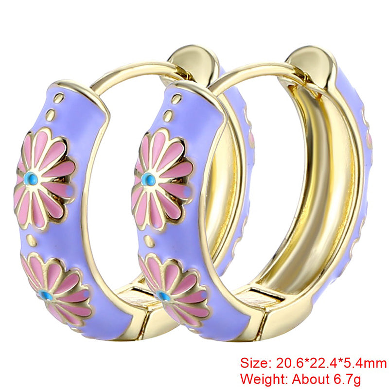 1 Pair Sweet Flower Enamel Plating Copper 18k Gold Plated Hoop Earrings