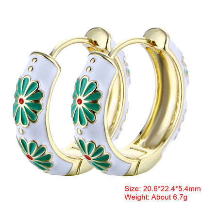 1 Pair Sweet Flower Enamel Plating Copper 18k Gold Plated Hoop Earrings