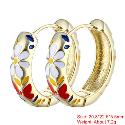 1 Pair Sweet Flower Enamel Plating Copper 18k Gold Plated Hoop Earrings