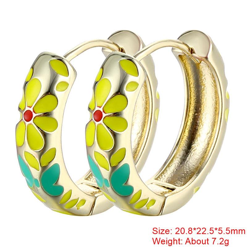 1 Pair Sweet Flower Enamel Plating Copper 18k Gold Plated Hoop Earrings