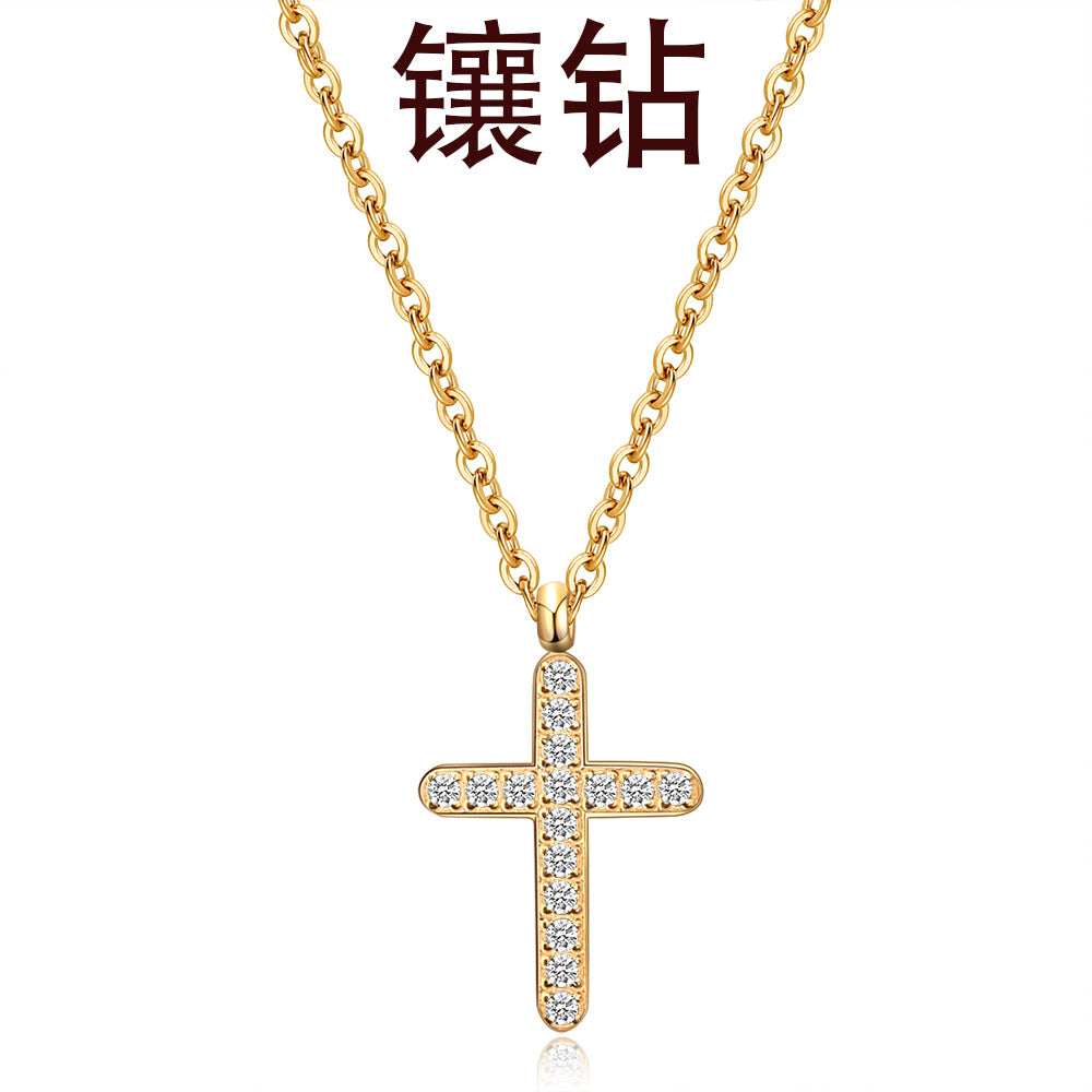 Punk Cool Style Cross Stainless Steel Titanium Steel Inlay Artificial Diamond Pendant Necklace