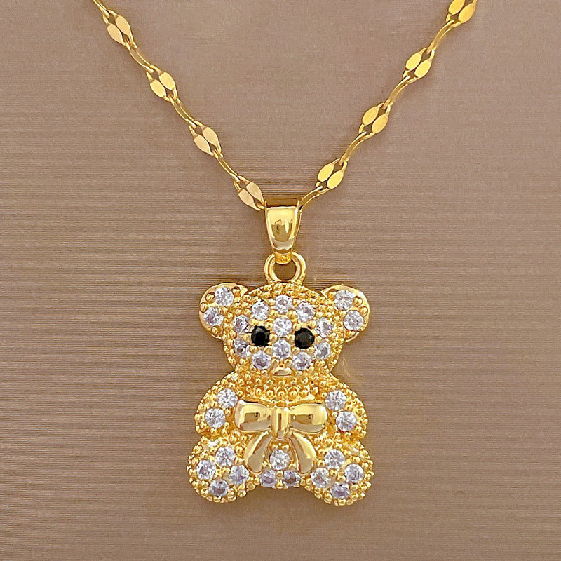 Simple Style Bear Stainless Steel Copper Inlay Zircon Pendant Necklace