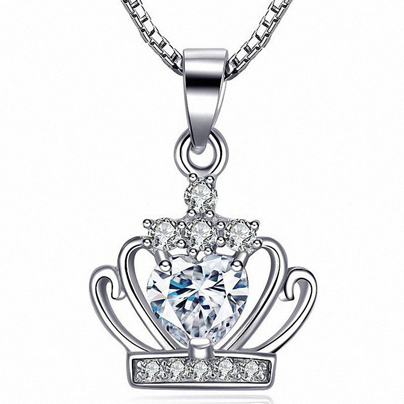 Elegant Crown Sterling Silver Inlay Zircon Charms Pendant Necklace